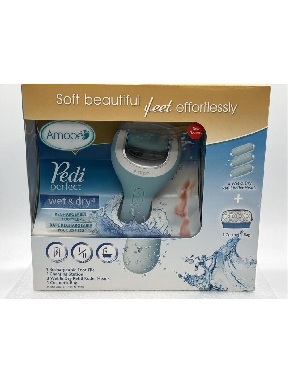 New Amope Pedi Perfect Wet & Dry Rechargeable Foot File Blue w/ 5 Refills & Bag